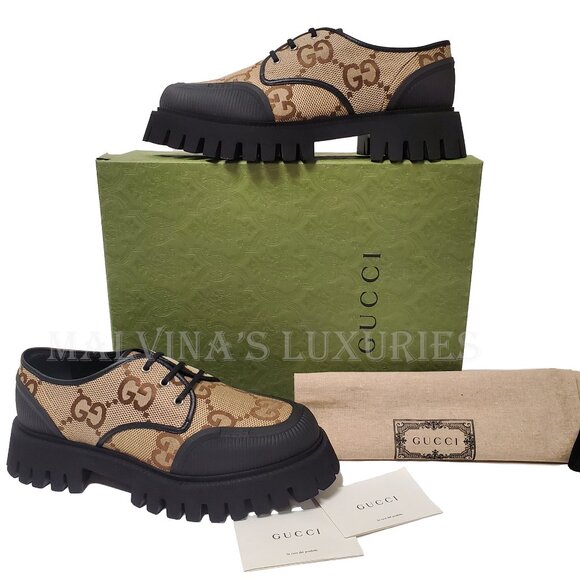 GUCCI SHOES MENS MAXI GG CANVAS LACE-UP LOAFERS w LUG SOLE - Picture 6 of 15